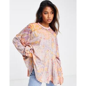 Free People Orange Pink Paisley Oversized Loungewear Long Sleeve Shirt Medium
